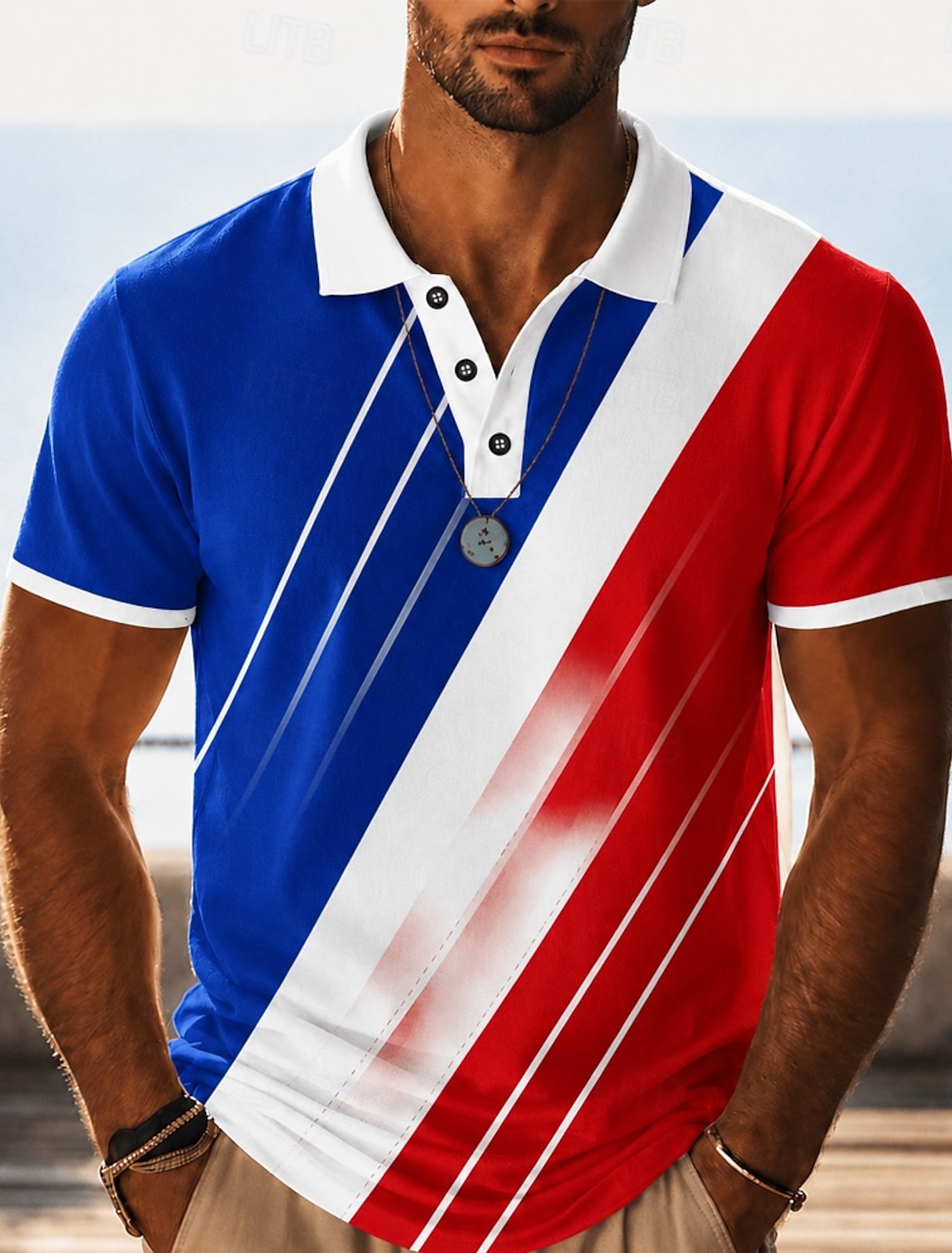 4th of July 2026 250th Men's American US Flag Guitar Polo Shirts Short Sleeve Polo Shirts Collared Shirts Casual Athleisure Festival Wear 3D Print Buttons Breathable Mesh Summer Spring Blue White