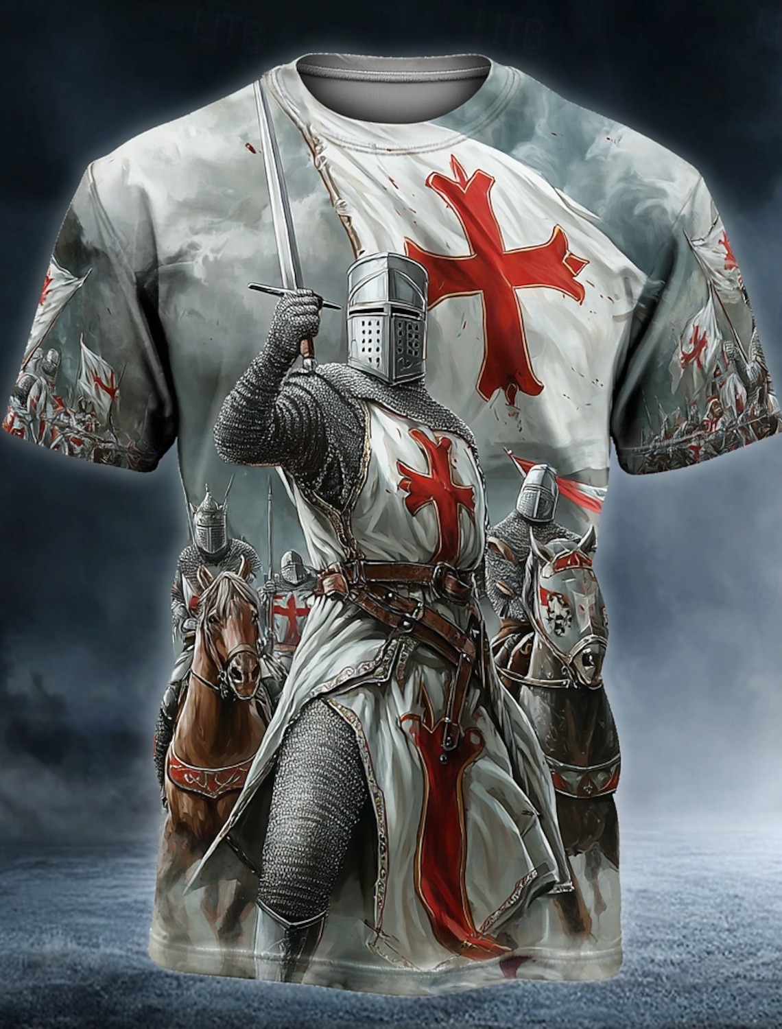 Knights Templar Crusader Armor Red Cross Raven Men's Medieval Renaissance Vintage Gothic Henley Shirt All Over Print Lace Up Short Sleeve Renaissance Faire Cosplay Costume Streetwear Designer Clothing