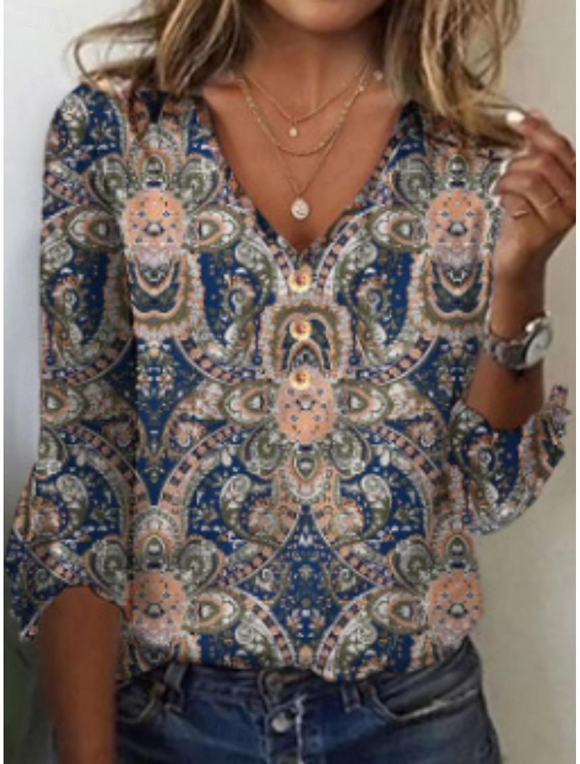Women's T Shirt Tee Top Print Floral Graphic Bohemia Vintage Long Sleeve V Neck Regular Tops Daily Going out Weekend Blue White Red Navy Blue Dusty Blue Summer Spring