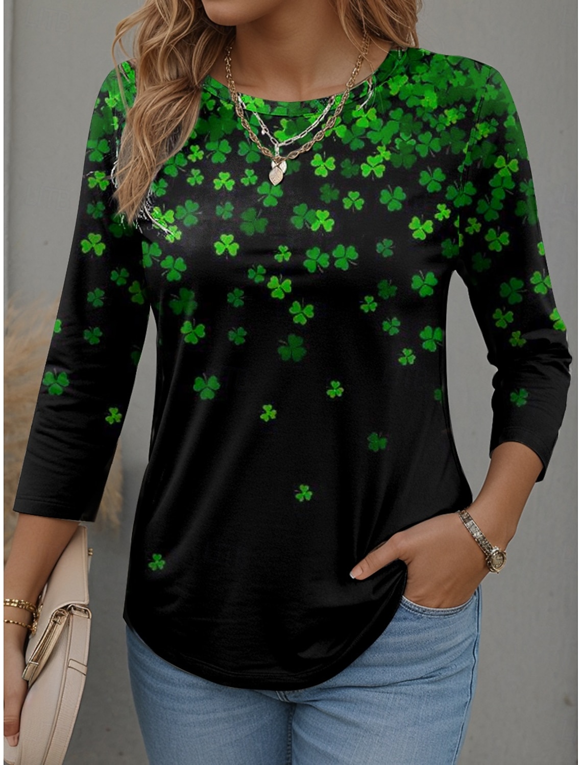 St. Patrick's Day Women's T Shirt Graphic Shamrock Fashion Stylish Modern Long Sleeve Crew Neck Regular Tops Daily Weekend Print White Green Spring Winter