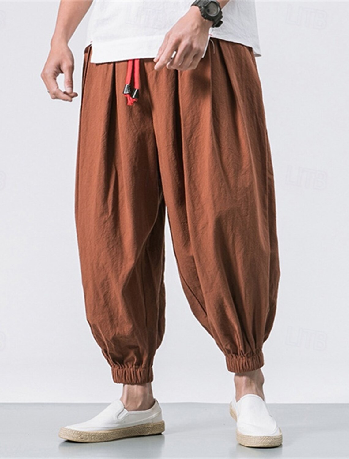 Men's Joggers Linen Pants Trousers Summer Beach Drawstring Elastic