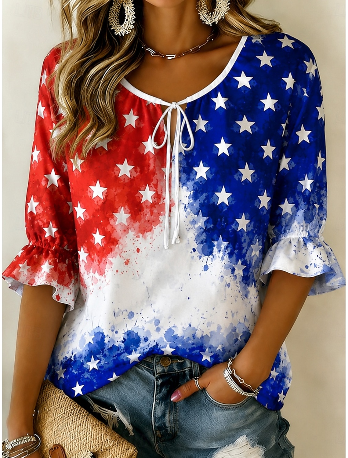 Independence Day Patriotic Women's T Shirt V Neck Long Sleeve Tunic Geometric National Flag Elegant Vintage Stylish Regular Tops Daily Weekend Print Red Navy Blue Blue Spring Prefall