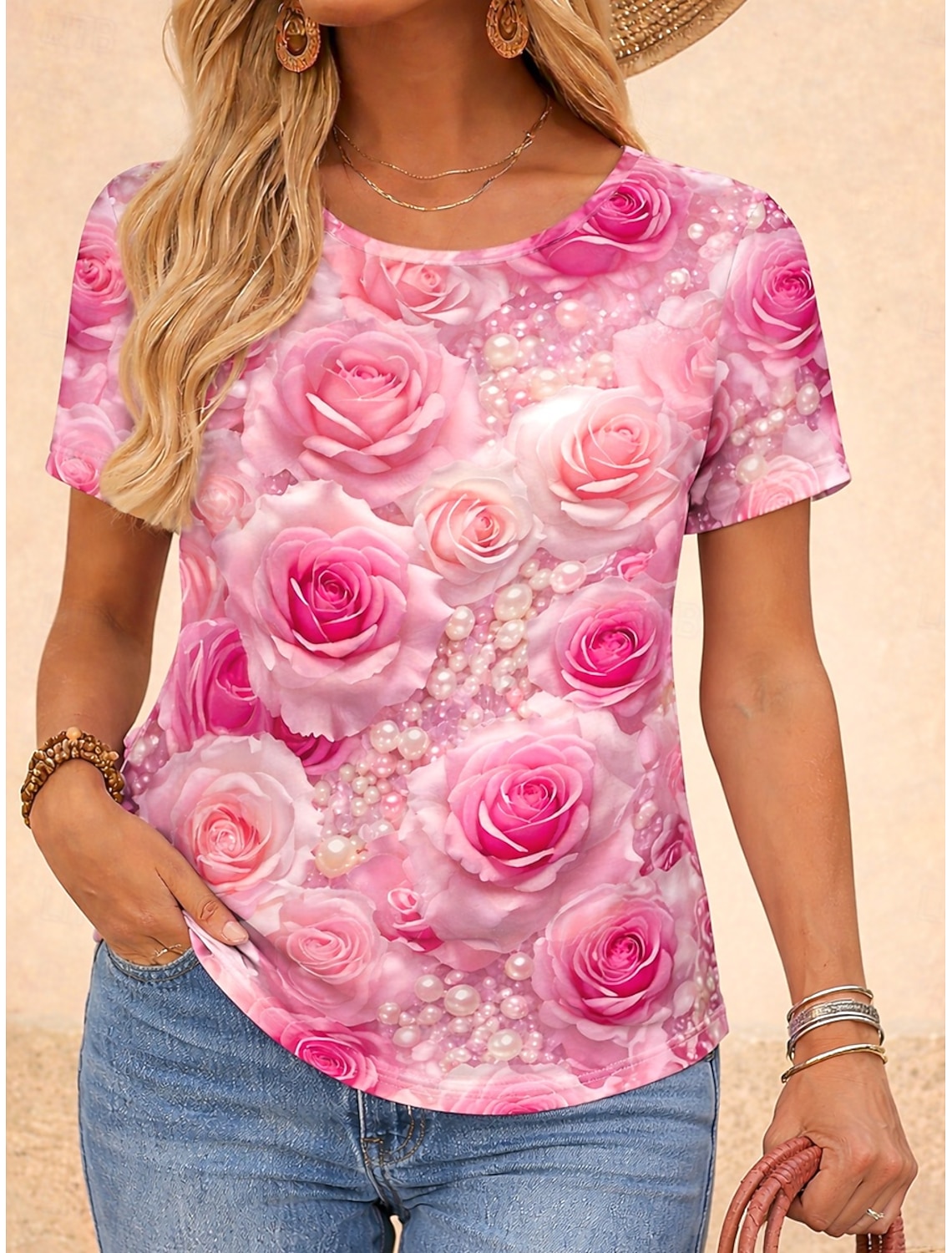 Mardi Gras Women's T Shirt Print Floral Graphic Plants Stylish Classic Casual Short Sleeve Crew Neck Long Tops Daily Blue Light Beige White Pink Light Purple Summer Spring