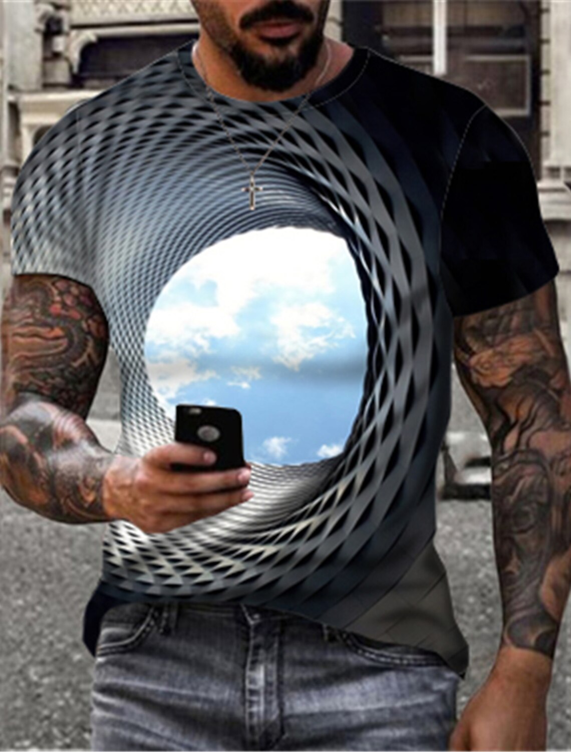 Men's Optical Illusion Clouds T Shirt Short Sleeve 3D Print Round Neck
