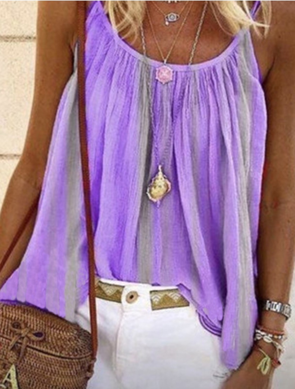 Women's Camisole Tank Top Camisole Summer Tops Yellow Pink Blue Stripes Pleated Holiday Boho Round Neck S