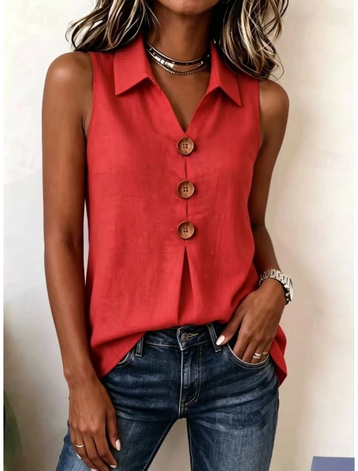 Women's Linen Shirts Blouse Buttons Solid Color Daily Casual 3/4 Length Sleeve V Neck Regular Tops Daily Black White Red Orange Green Summer Spring Fall