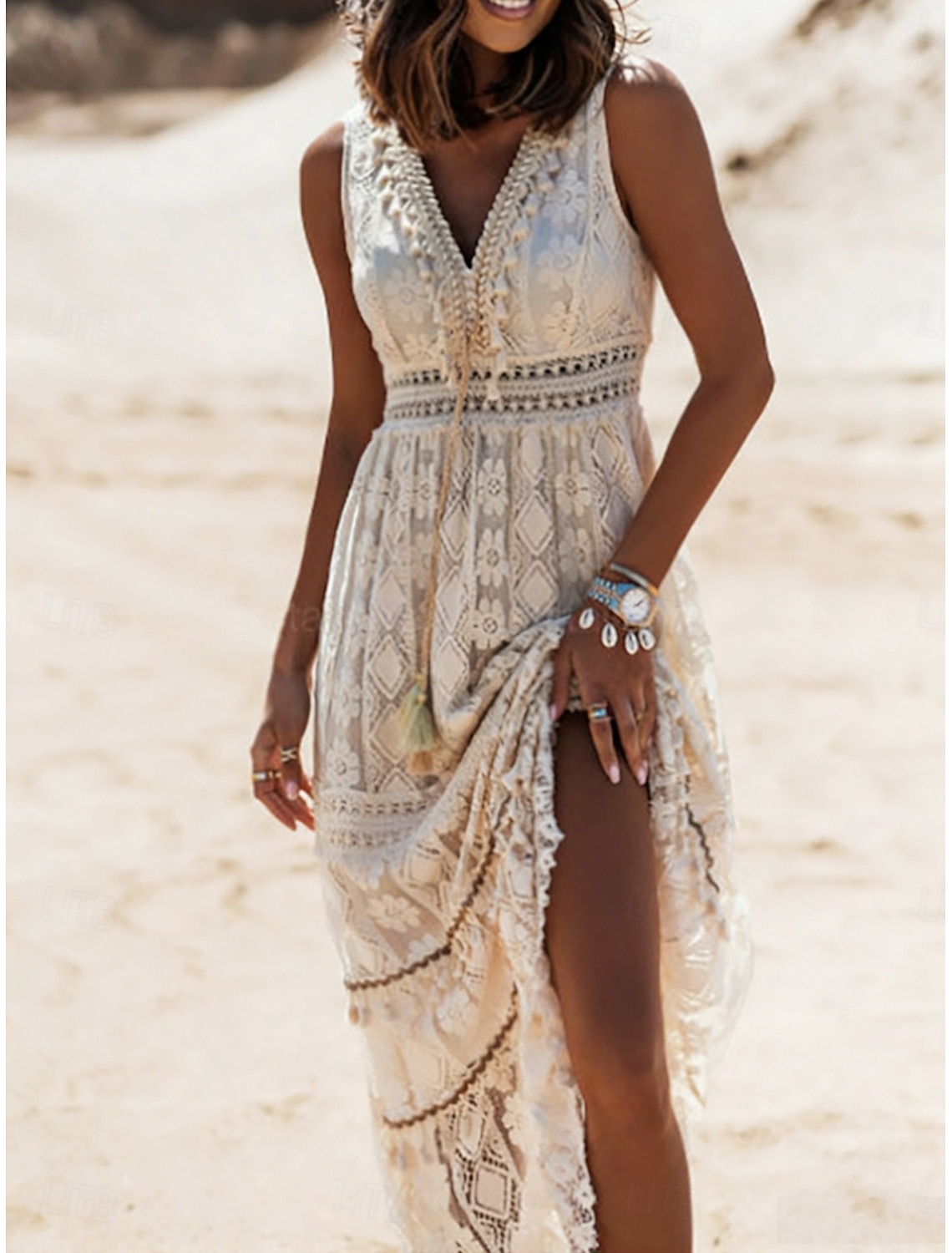 Women's Maxi Dress Lace Dress White Dress Swing Dress Elegant Fashion Modern Outdoor Beach Vacation Regular Fit Plain Sleeveless V Neck White Apricot Summer Spring