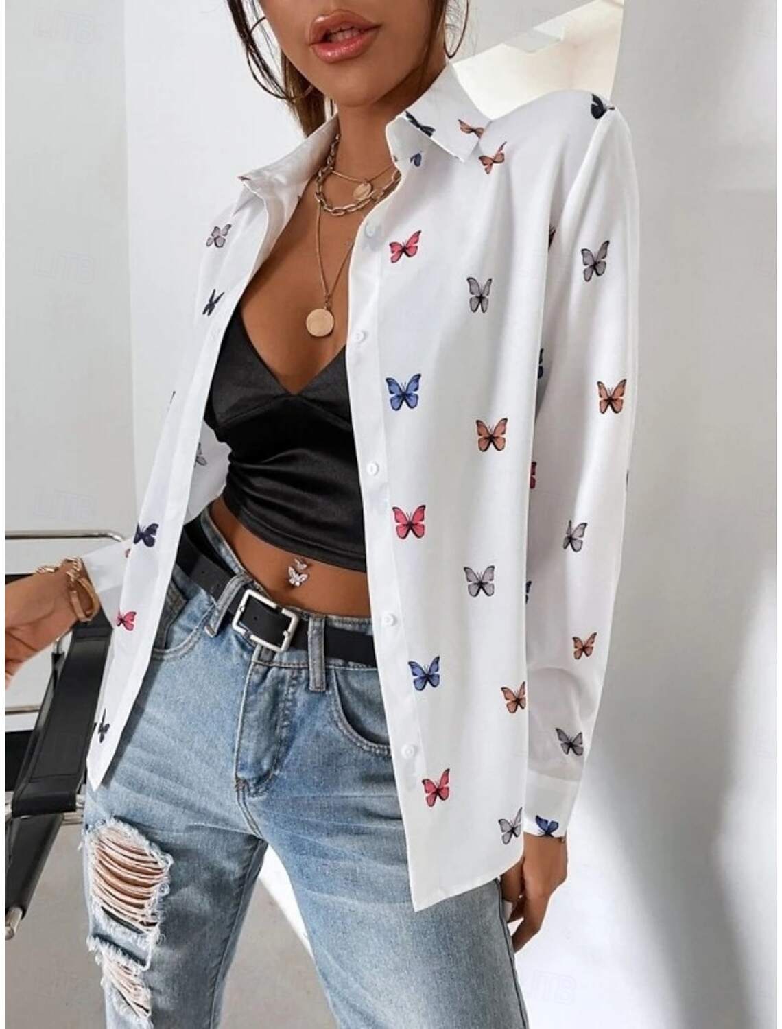 Women's Shirt Blouse Stylish Casual Butterfly Regular Tops Long Sleeve Shirt Collar Buttons Print Regular Fit Daily Summer Spring