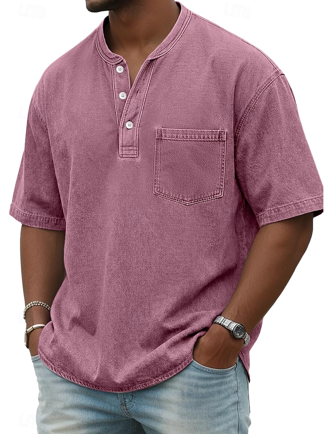 Men's Henley Shirt 100% Cotton Acid Wash T Tee Short Sleeve Solid #2