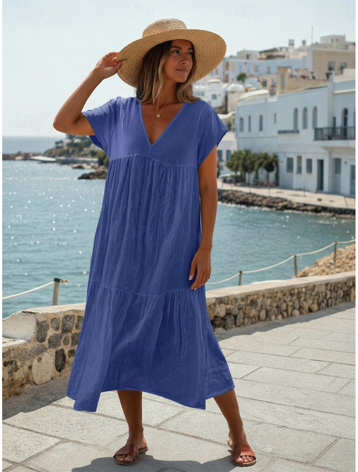 Women's Midi Dress 100% Cotton Cotton Linen Dress Fashion Modern Outdoor Vacation Holiday Loose Fit Plain Short Sleeve V Neck Blue Black White Light Green Summer Spring
