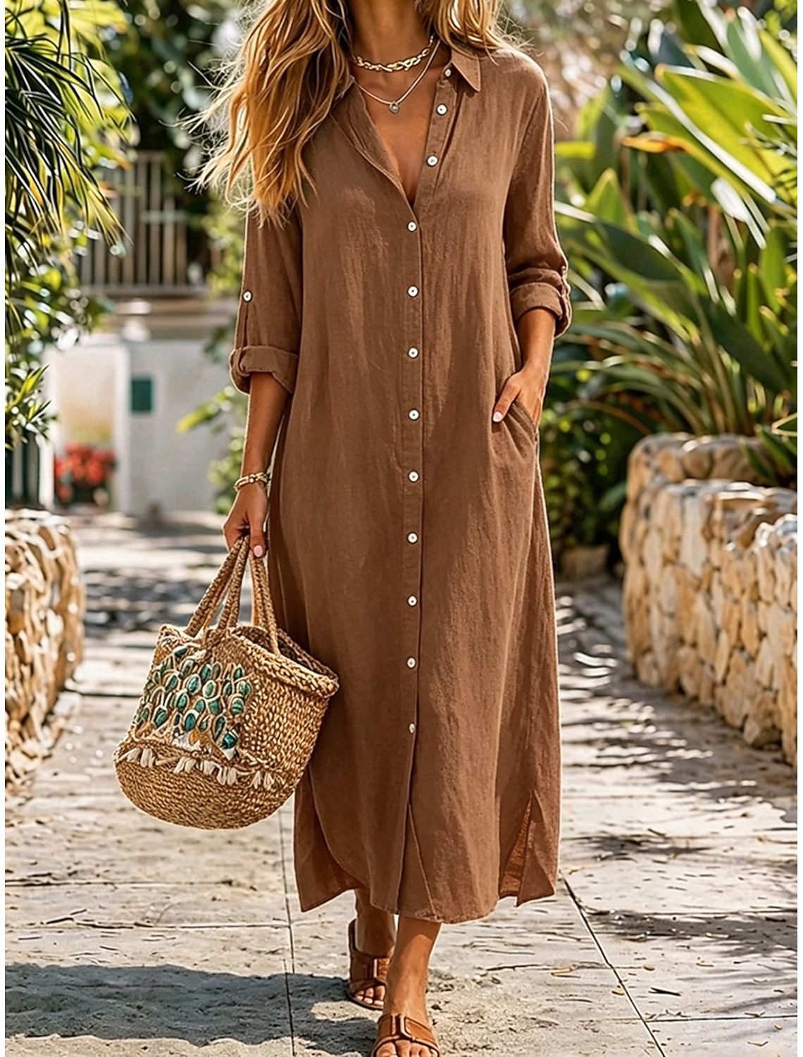Womens Midi Dress Cotton Linen Washed Shift Dress Basic Daily Loose Fit Plain Long Sleeve Shirt Collar Summer Spring Fall