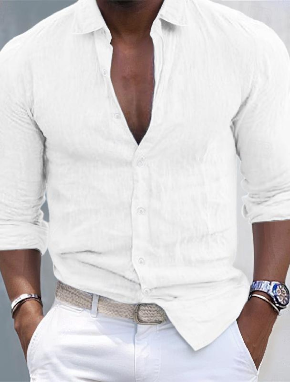 Men's Shirt Linen White Cotton Summer Beach Plain Vacation Hawaiian