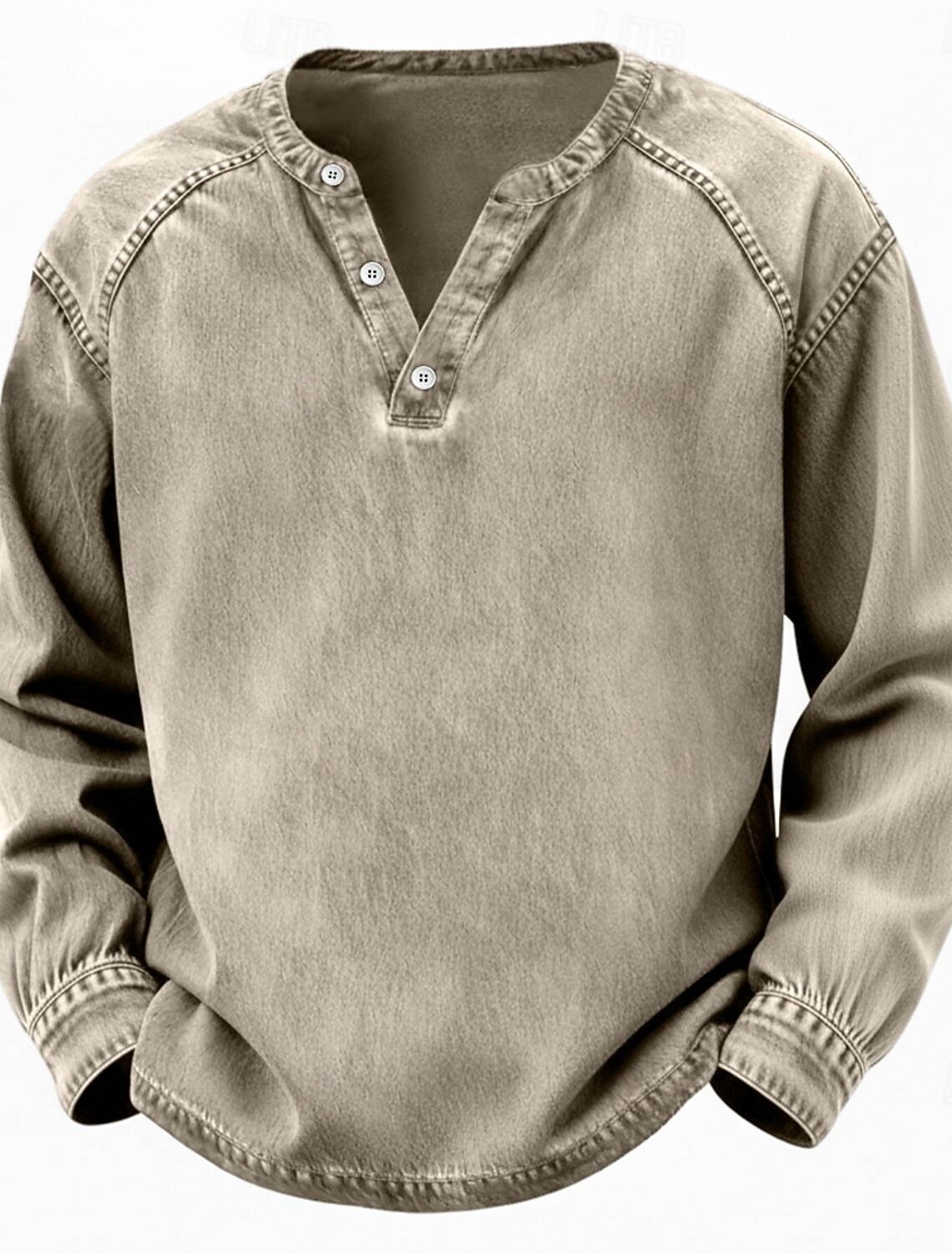 Men's T Shirt Henley 100% Cotton Acid Wash Tee Top Long Sleeve Plai #2