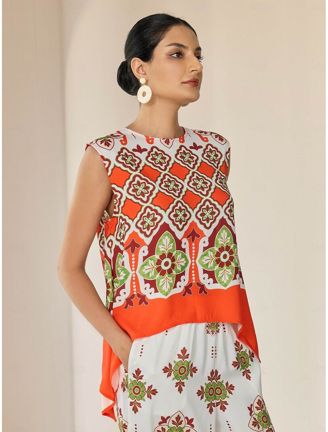 Satin Boho Double Slit Crew Neck Sleeveless Tank Top