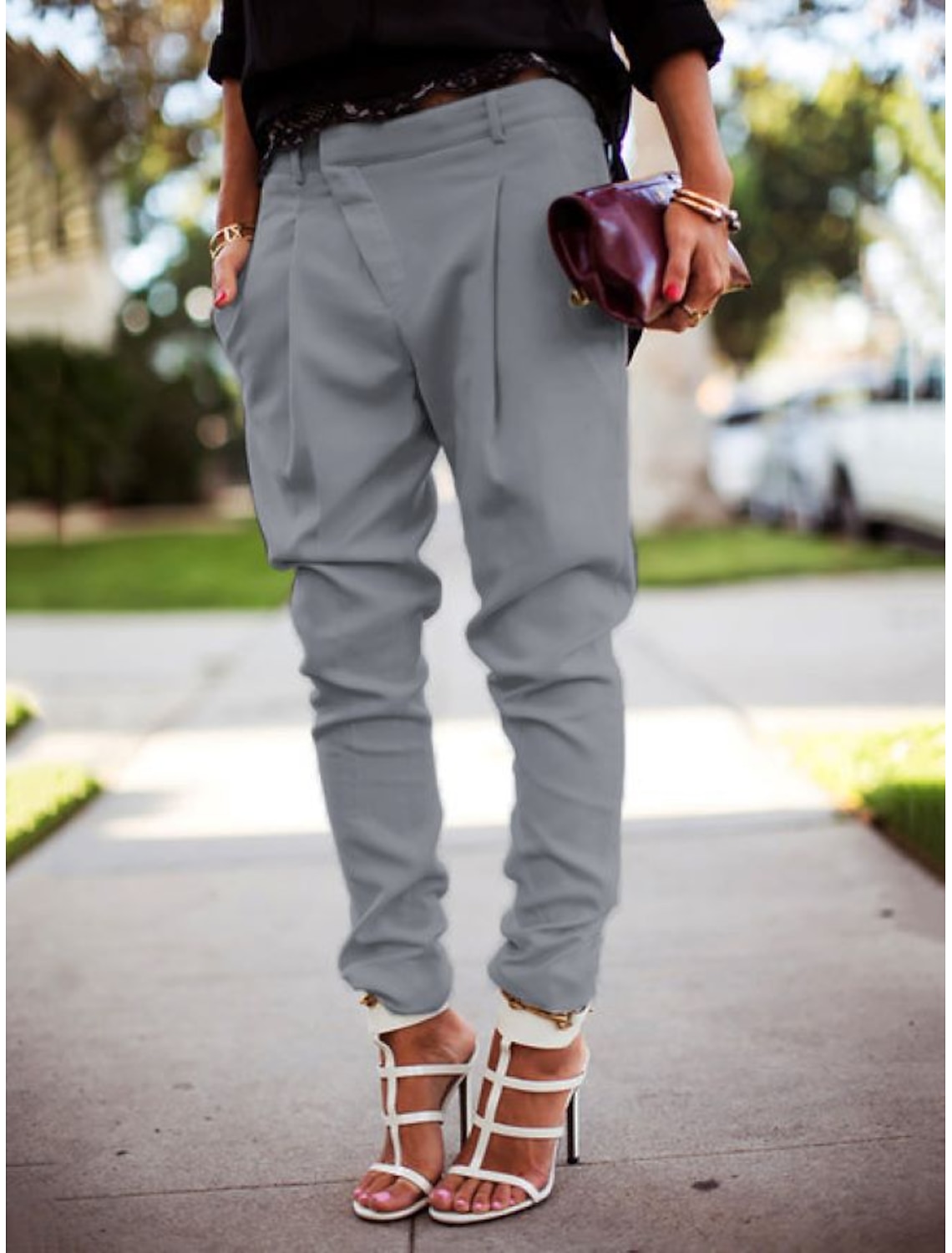 Women's Cargo Pants Joggers Pants Trousers Harem Pants Simple Basic Full Length Mid Waist Solid Colored Pocket Classic Asymmetric Inelastic Work Office / Career Blue Black White Gray Spring & Fall
