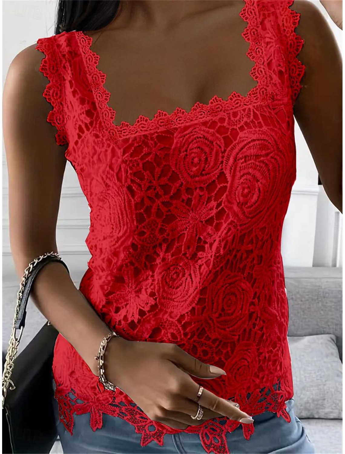 Women's Elegant Lace Tops Eyelet Blouse Sexy Sleeveless Floral Semi-Sheer Square Neckline Scalloped Trim Fashion Slim Fit Date Casual Party Romantic Petite Tops Summer Holiday Wear