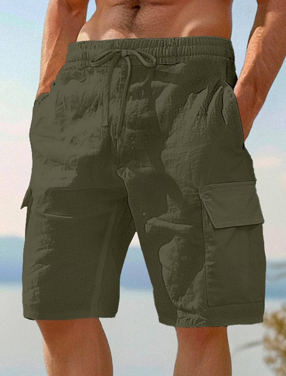 Men's Cargo Shorts Shorts Linen Shorts Summer Shorts Beach Shorts Drawstring Elastic Waist Multi Pocket Plain Knee Length Outdoor Beach Vacation Hawaiian Black White Inelastic