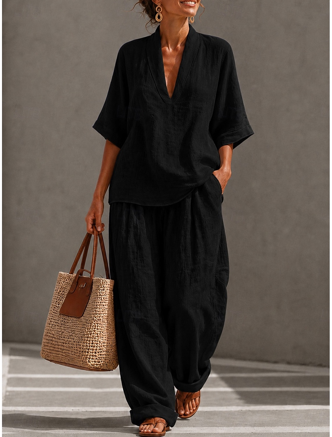Women's Cotton Linen Sets 3/4 Length Sleeve Stand Collar Solid Color Daily Distressed Casual Daily Black Yellow Wine Summer Loose Fit