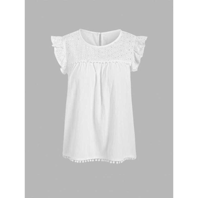 Eyelet Ruffle Pom Pom Blouse AU0166
