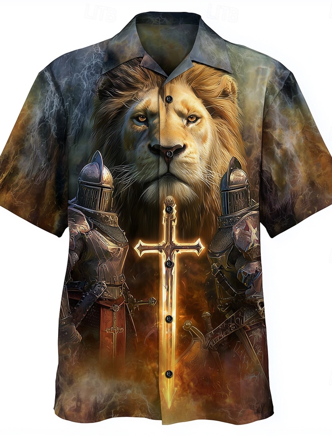 Men's Lion Knights Templar Cross Shirt Button Up Shirt Camp Collar Shirt Short Sleeve Vintage Retro Holiday Casual Daily Summer Spring Cuban Collar 3D Print Orange Gray