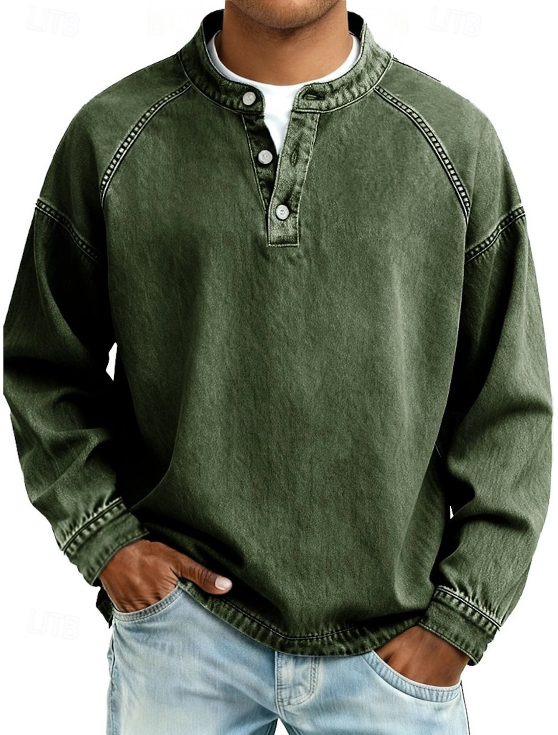 Men's T Shirt Henley Shirt 100% Cotton Acid Wash Shirt Tee Top Long Sleeve Plain Vintage Streetwear Casual Washed Raglan Sleeves Stand Collar Henley Casual Home Street Spring Fall Fall & Winter Black