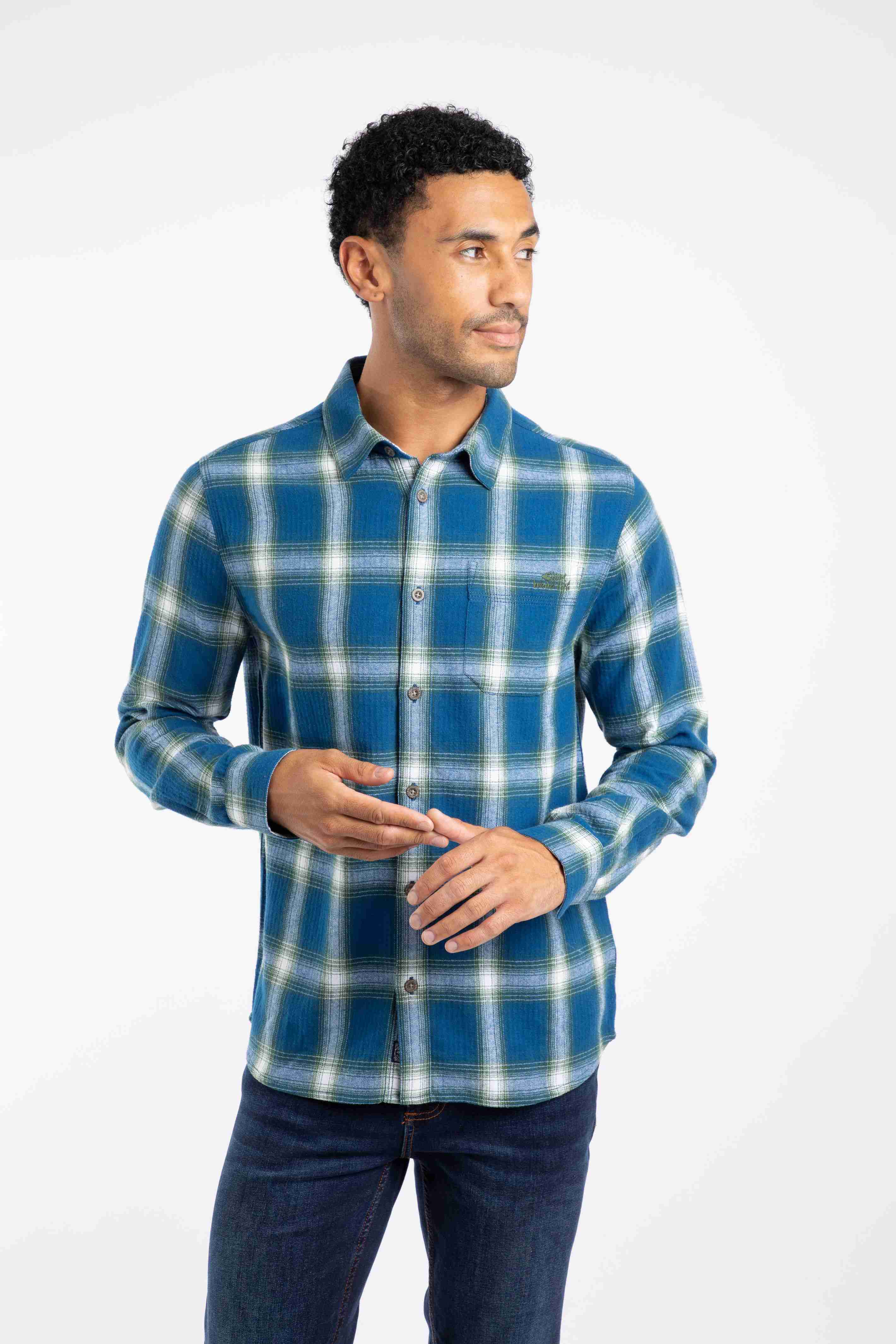 Broxton Organic Cotton Long Sleeve Herringbone Check Shirt Blue