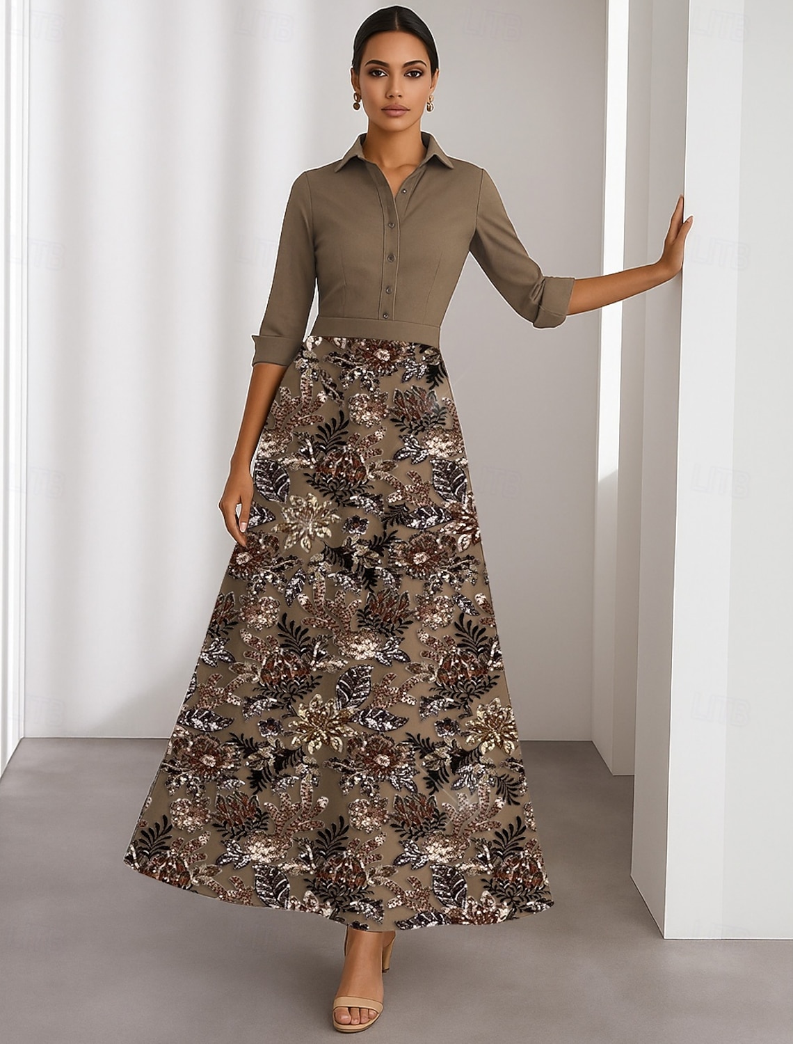 A-Line Floor Length Beaded Eembroidered Wedding Guest Dress Formal Dresses Mother of the Bride Dress Half Sleeve Shirt Collar Elegant Formal Wedding Guest Satin with Bow(s) Sequin Appliques