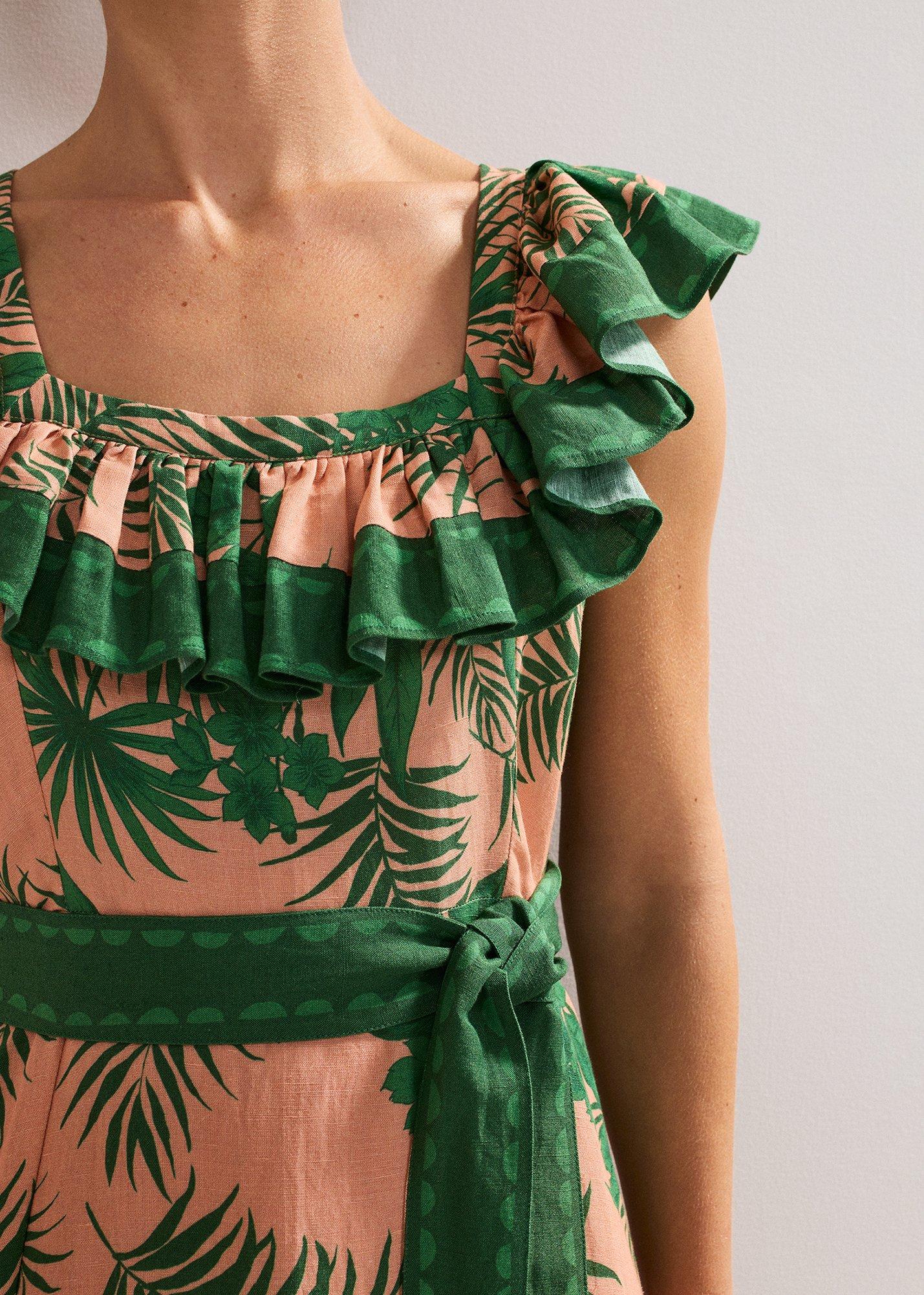 Sandra Frill Sleeve Palm Midi Dress