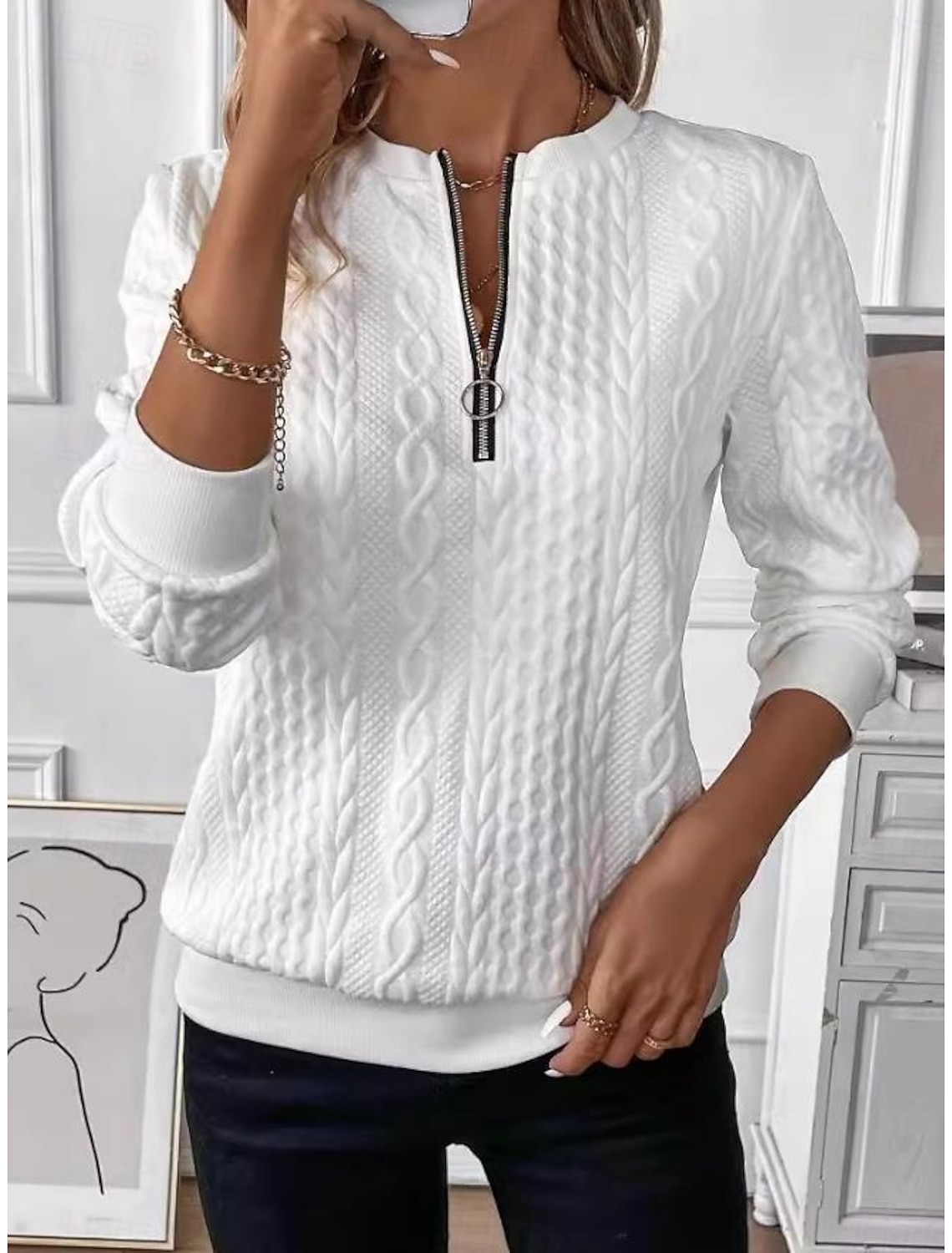 Women's Sweatshirt Elegant Modern Plain Work Crew Neck Zipper Loose Fit Long Sleeve Black White Pink Gray Spring Fall