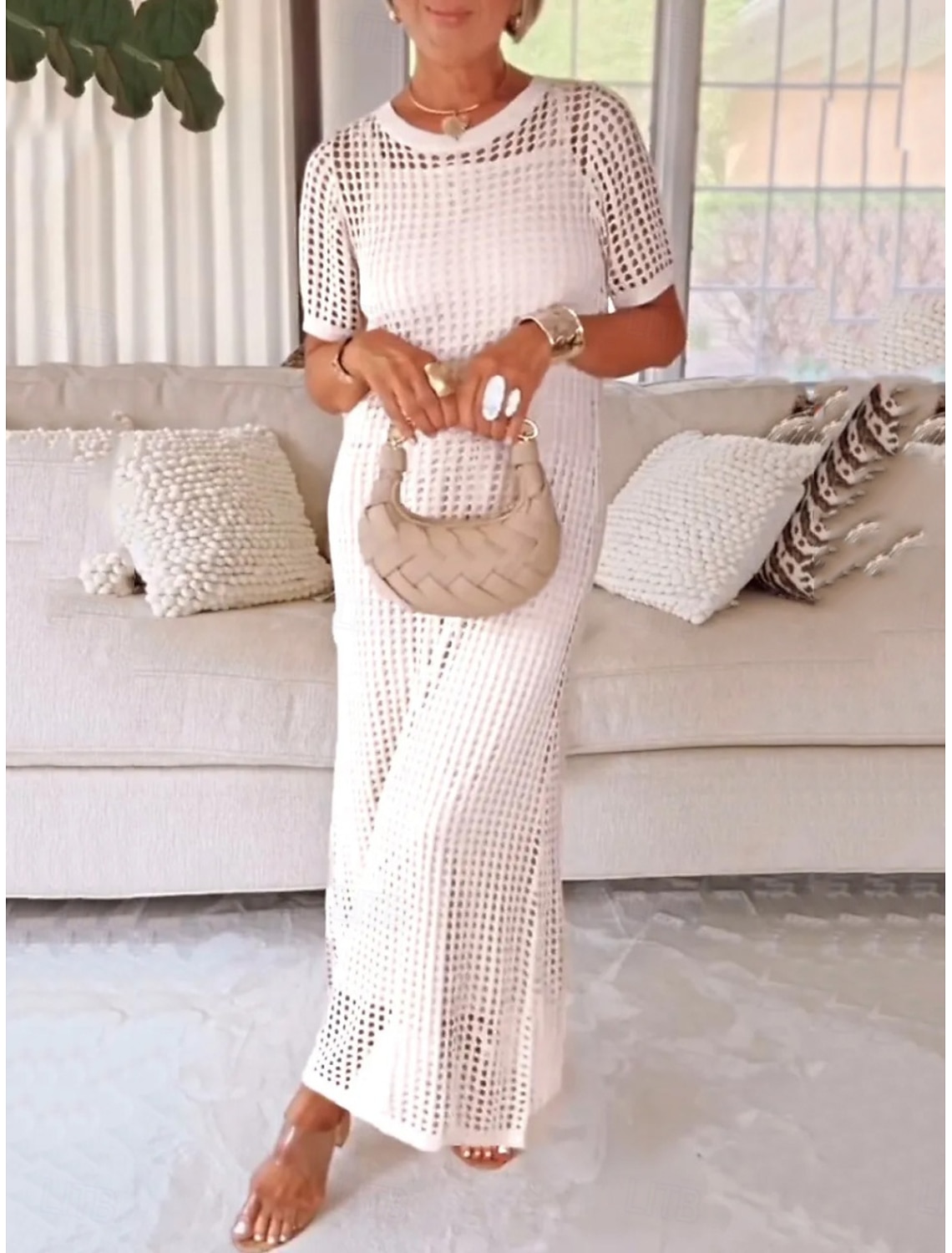 Women's Long Dress Maxi Dress Cut Out Dress Summer Dress Elegant Fashion Modern Outdoor Vacation Going out Regular Fit Plain Short Sleeve Crew Neck Black White Pink Purple Summer Spring