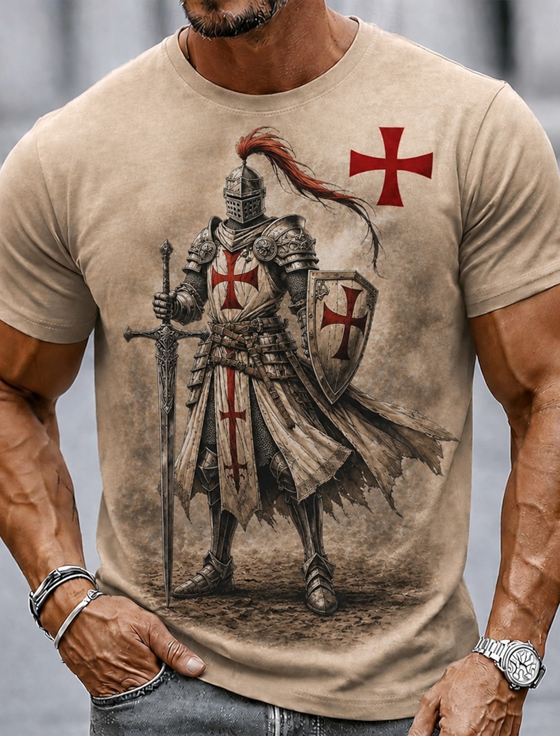 Men's Knights Templar Crusaders Cross T Shirt Short Sleeve T shirt 3D Print Crew Neck Shirt Religious Street Dark Party Black Burgundy Khaki All Seasons Clothing Apparel S M L XL XXL XXXL