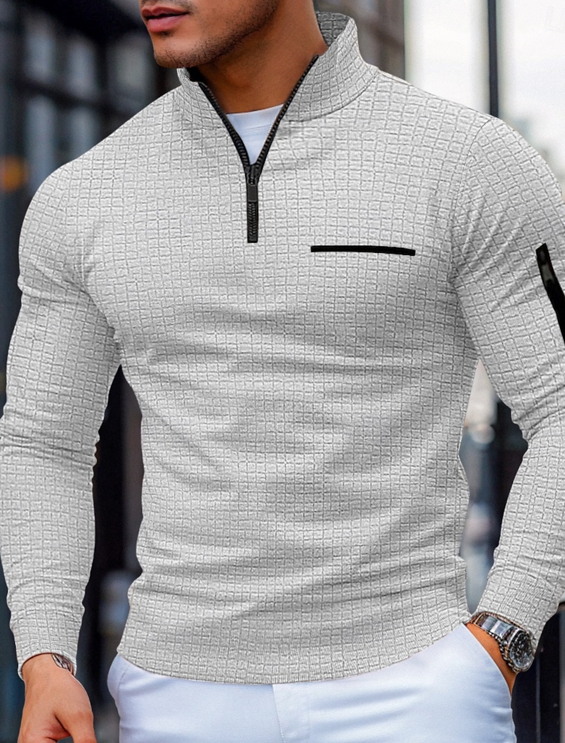 Men's Waffle Polo Shirts Zip Casual Holiday Quarter Short Sleeve