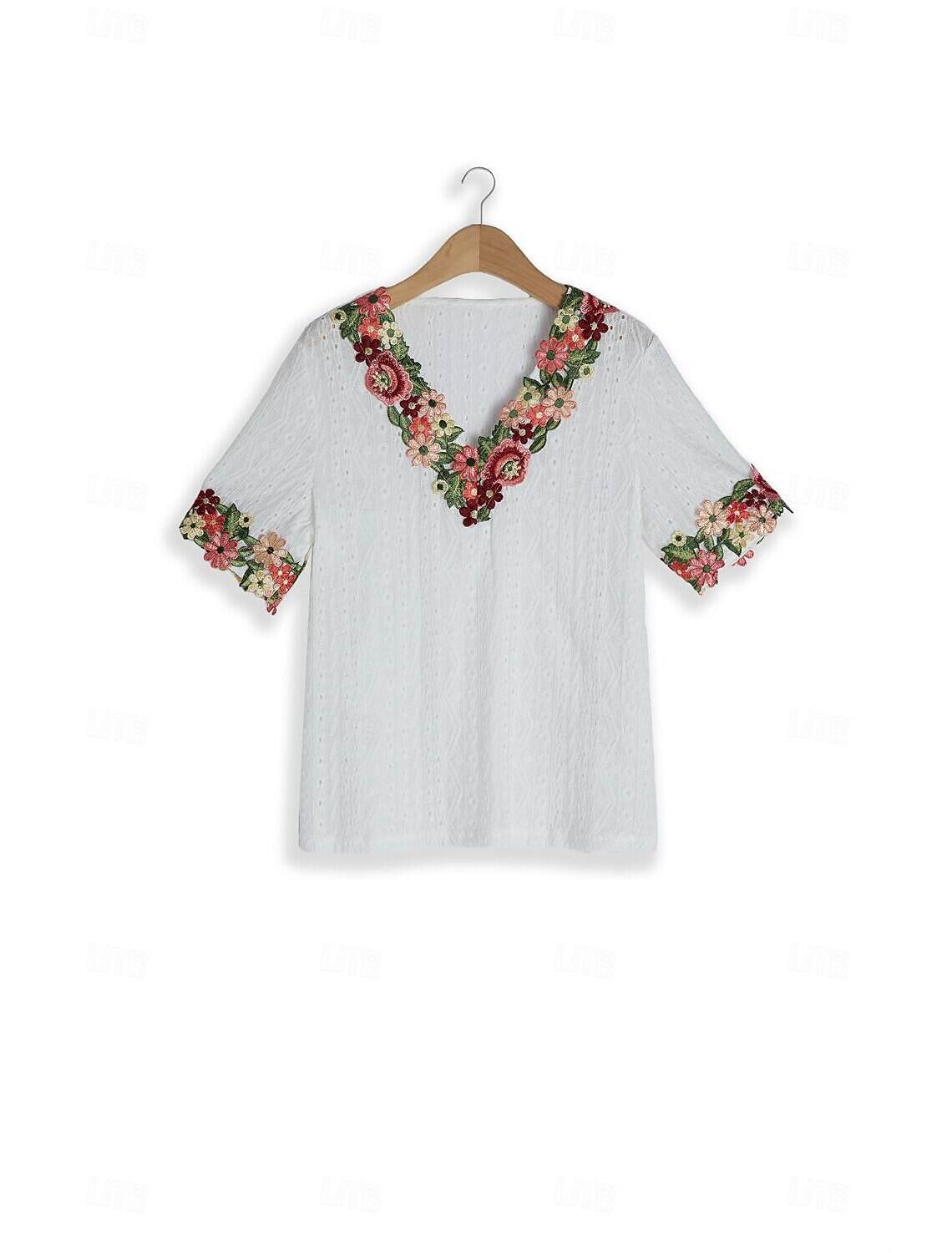 Women's Elegant Lace Tops Eyelet Blouse Floral Embroidery V-Neck Half Sleeve Summer Casual Outdoor Everyday Wear Romantic Petite Tops Summer Holiday Wear