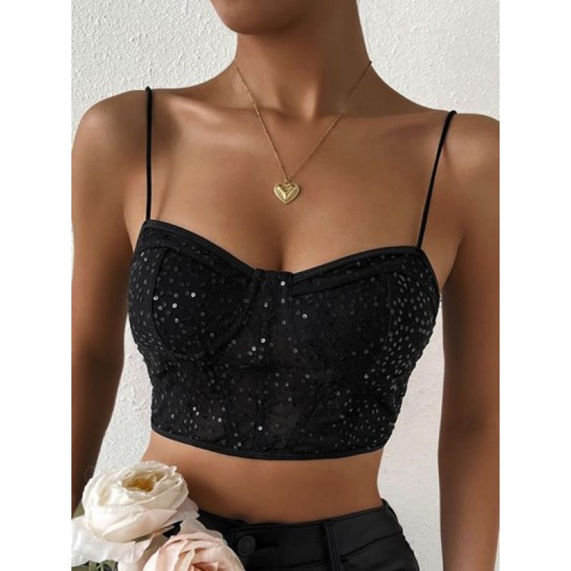 Lace Sequined Crop Corset Camisole JN5594