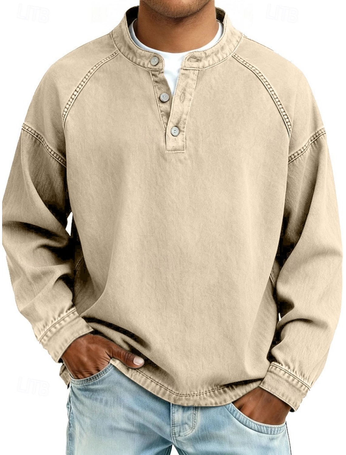 Men's T Shirt Henley Shirt 100% Cotton Acid Wash Shirt Tee Top Long Sleeve Plain Vintage Streetwear Casual Washed Raglan Sleeves Stand Collar Henley Casual Home Street Spring Fall Fall & Winter Black