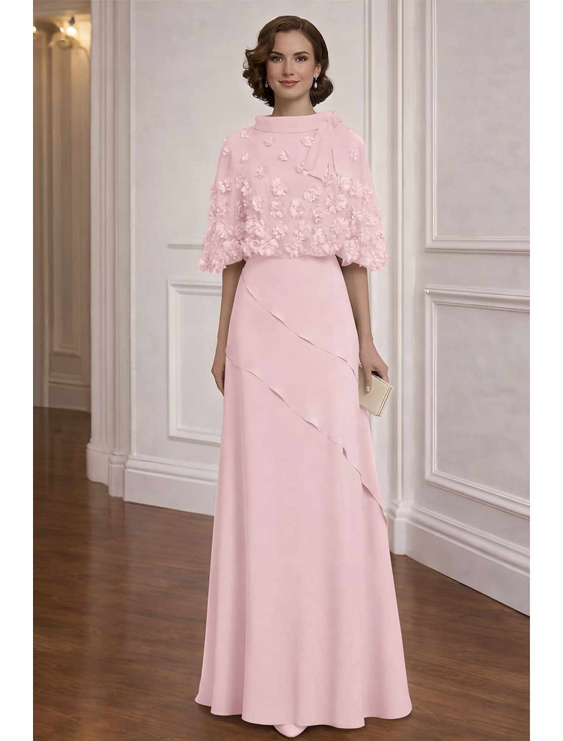Two Piece A-Line Dress Floor Length Cocktail Dress Wedding Guest Dress Mother of the Bride Dress Half Sleeve Boat Neck Elegant Vintage Formal Chiffon Shawls with 3D Flowers Ruffles Tier