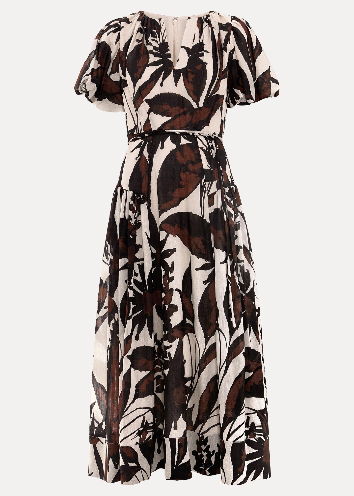 Petite Zarah Printed Puff Sleeve V Neck Midi Dress
