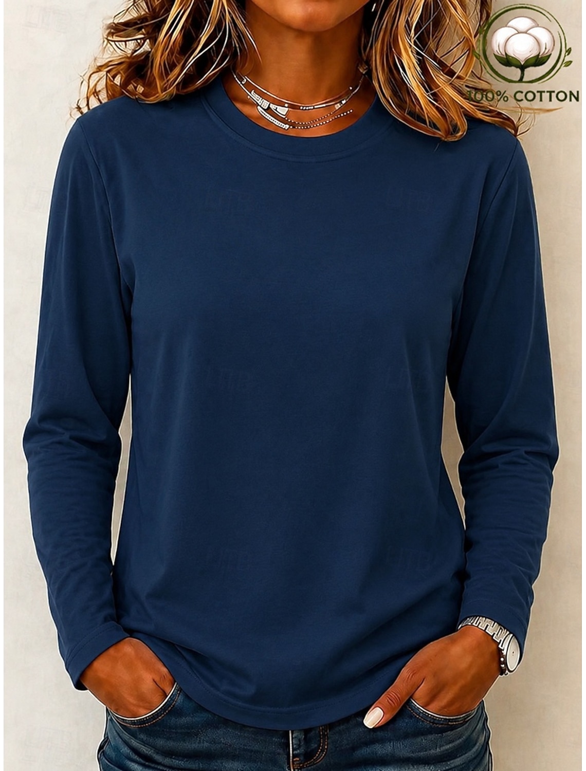 Women's 100% Cotton T-Shirts - Quality Heavy Long Sleeve Crew Neck Tee