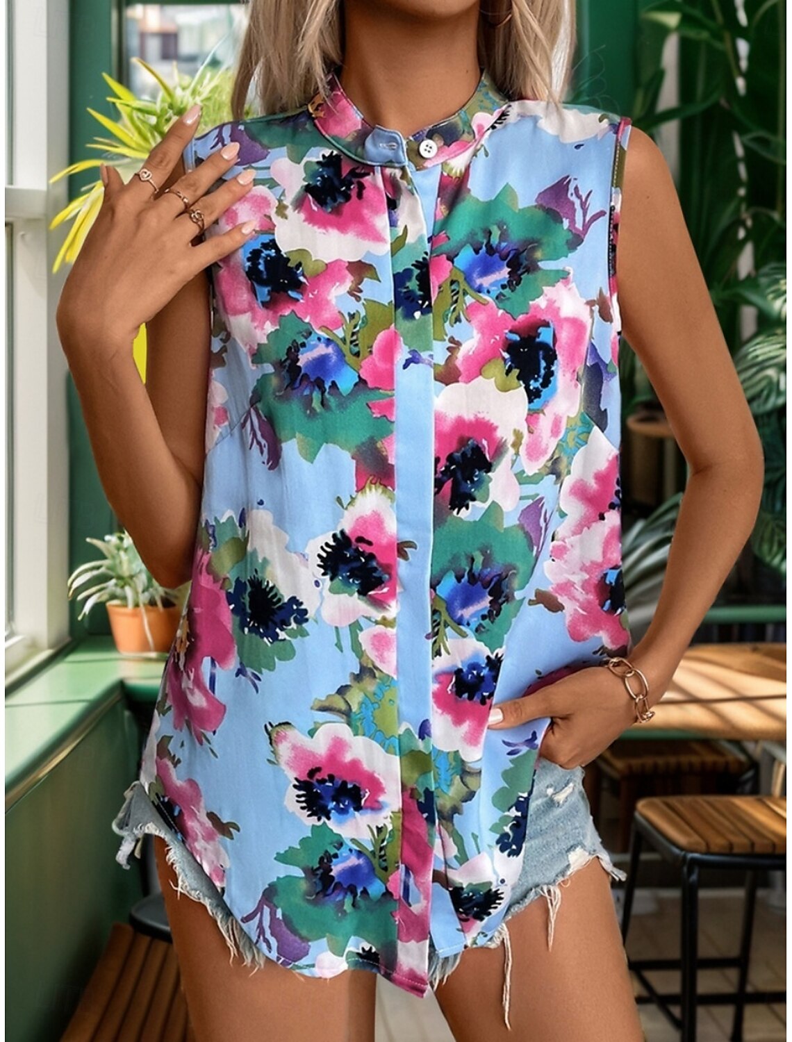 Women's Shirt Blouse Stylish Casual Floral Regular Tops Sleeveless Turtleneck Buttons Print Regular Fit Daily Summer