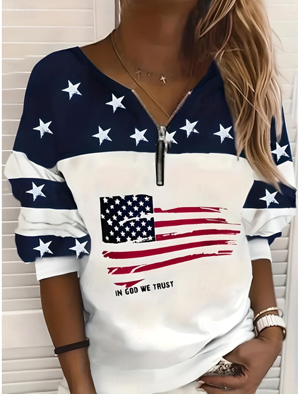Independence Day Patriotic Women's Zip Up Sweatshirts Geometric Striped Active Fashion Casual Long Sleeve Crew Neck Regular Tops Street Dailywear Zipper Print White Spring Fall Winter