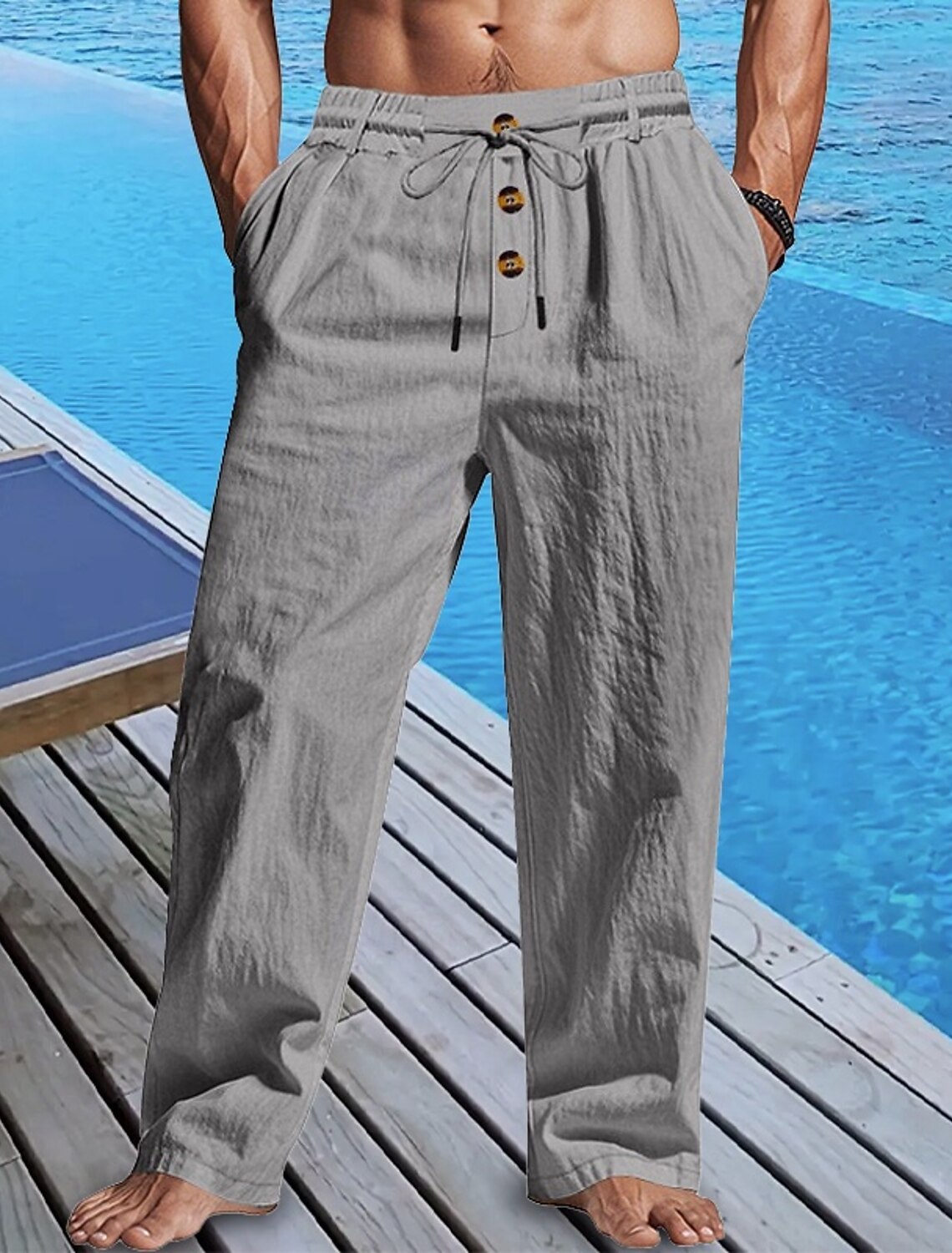 Men's Linen Pants Trousers Summer Beach Buttons Pocket Drawstring