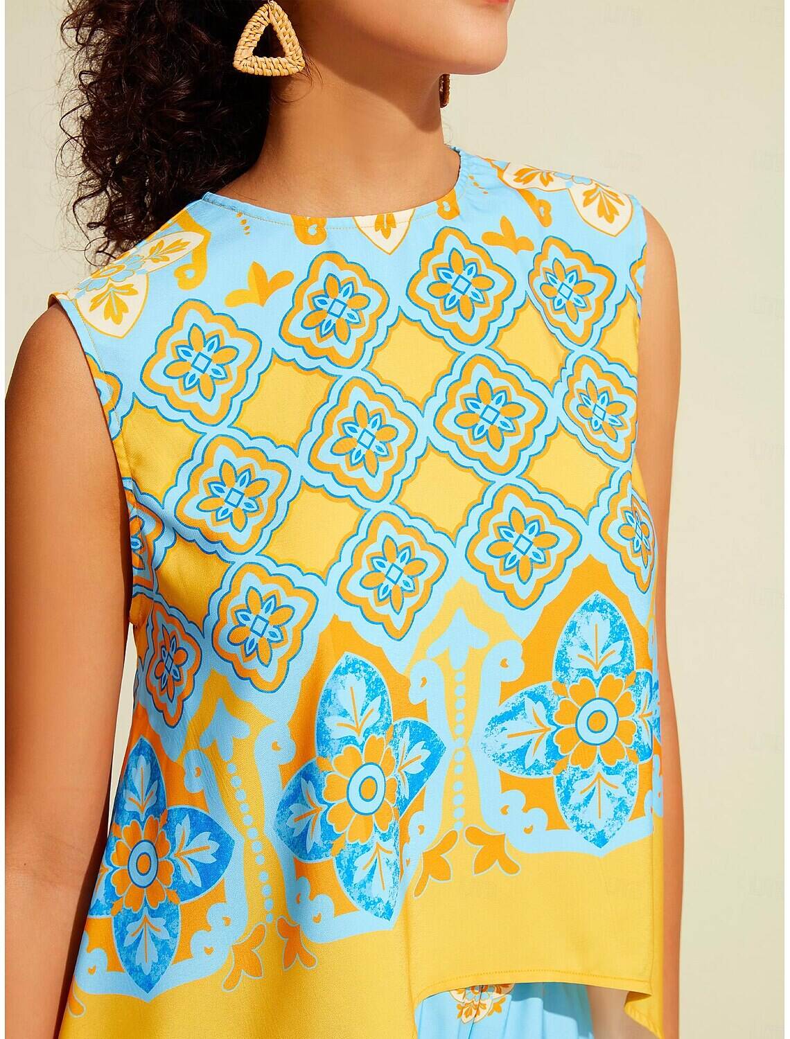 Satin Boho Double Slit Crew Neck Sleeveless Tank Top