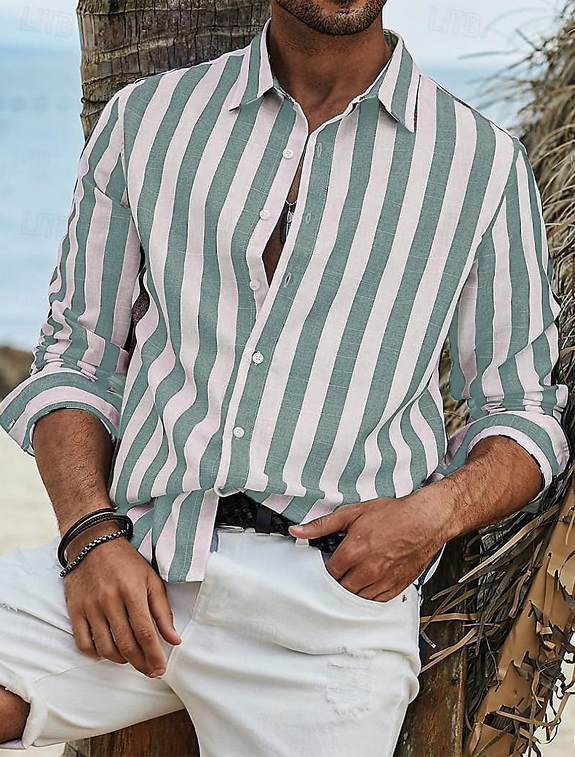 Men's Shirt Linen Shirt Summer Shirt Beach Shirt Cotton Linen Shirt Striped Shirts Striped Vacation Hawaiian Yellow Red Blue Green Long Sleeve Turndown Spring & Fall Clothing Apparel Button-Down