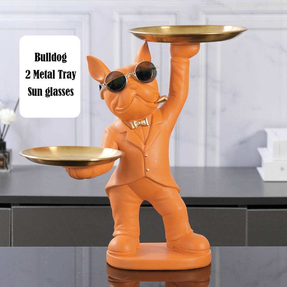 French Bulldog Sculpture - A Charming Interior Decor Accent with 2 Metal Trays
