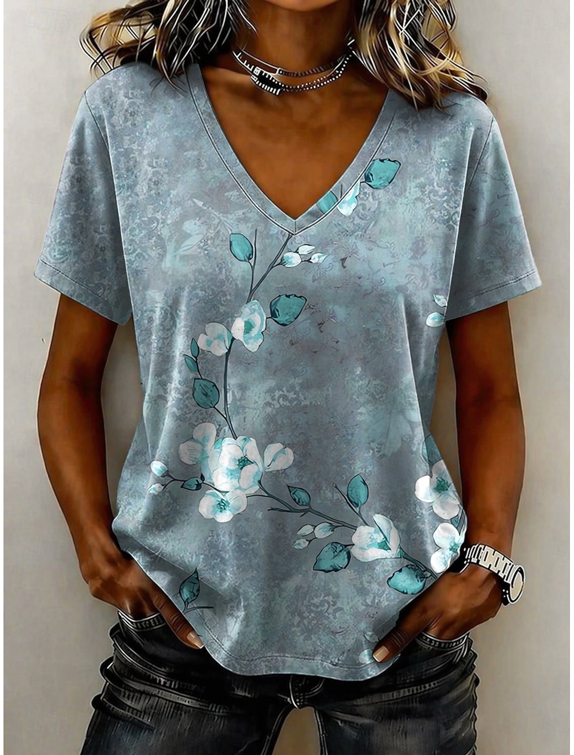 Women's T Shirt Print Floral Graphic Stylish Classic Casual Short Sleeve V Neck Regular Tops Casual Daily Blue Pink Purple Green Summer Spring