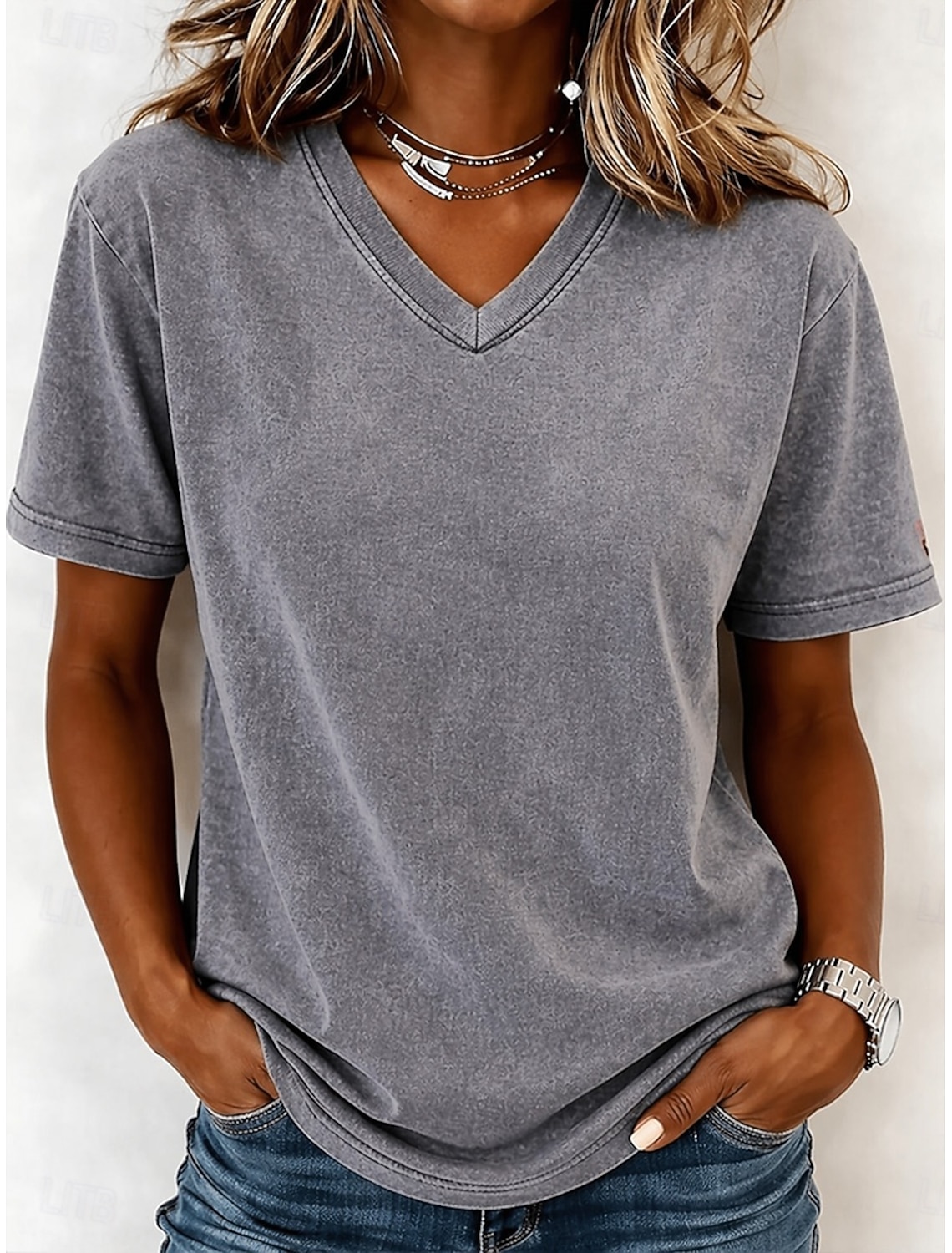 Women's 100% Cotton T-Shirts - Quality Vintage Short Sleeve V Neck Tee