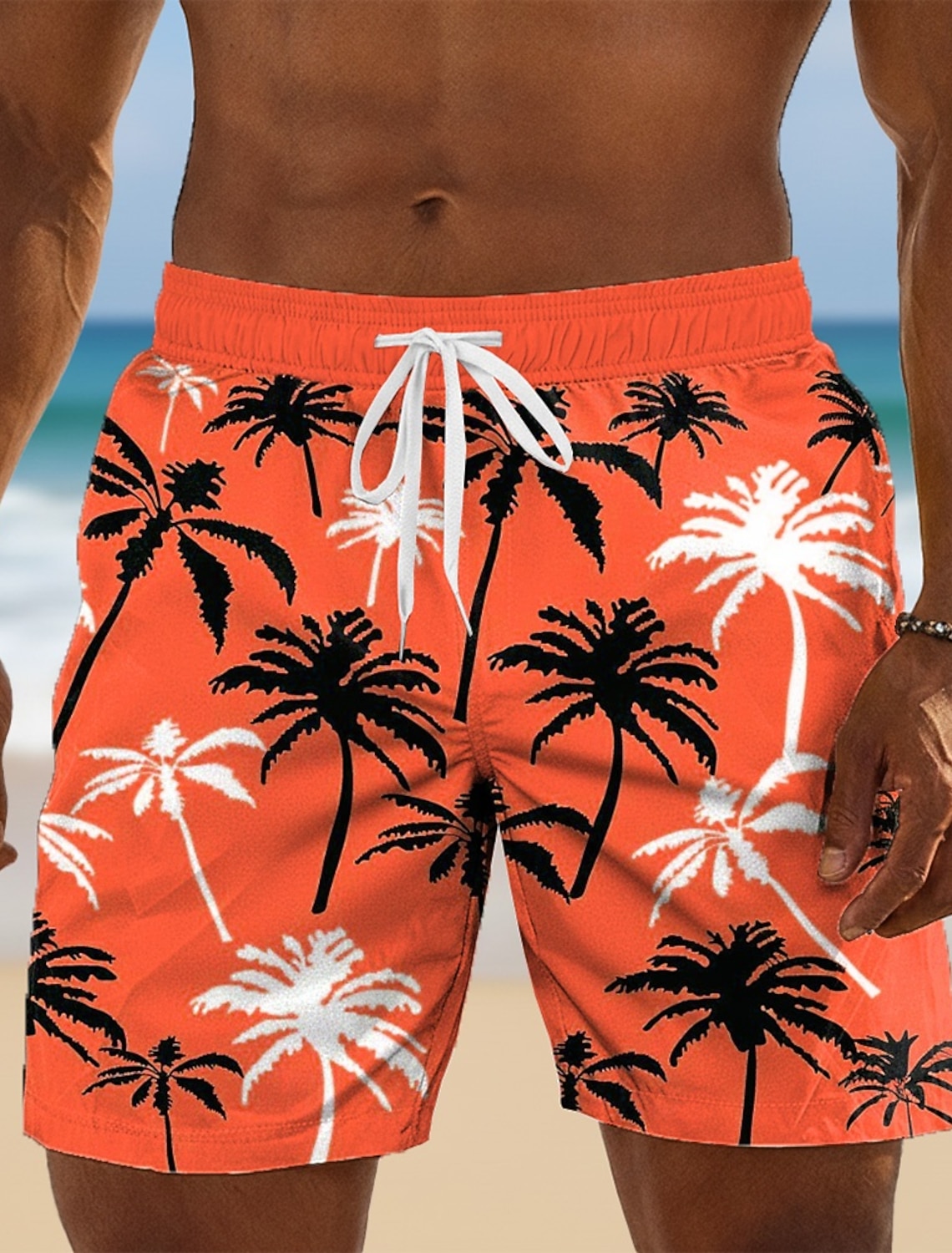 Men's Coconut Tree Gradient Color Tropical Plants Swim Trunks Swim Shorts Board Shorts Mid Waist Hawaiian Beach Vacation Wear Side Pockets Mesh Lining Elastic Drawstring Waist Designer Clothing