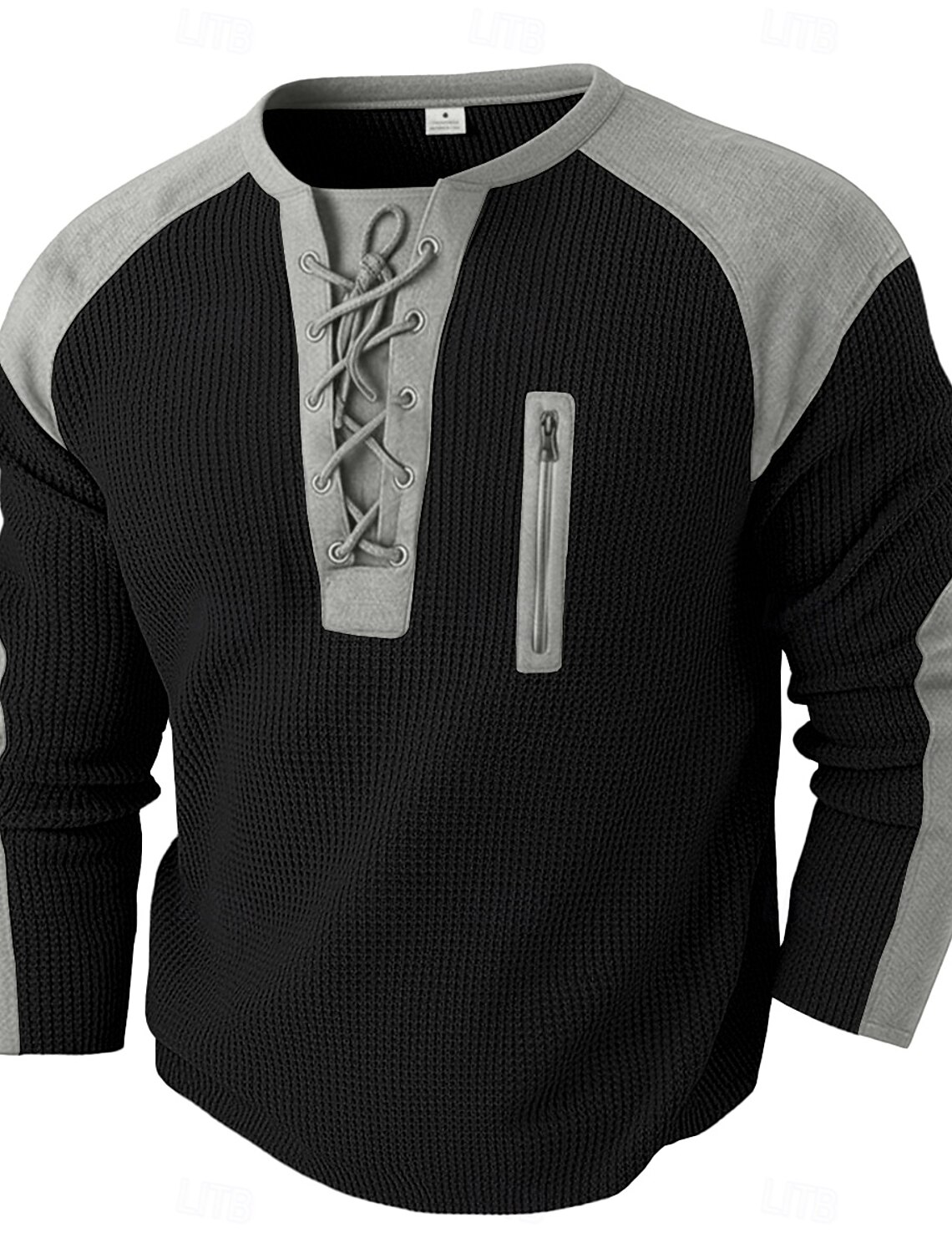 Men's Waffle T-shirt T Shirt Henley Long Sleeve Hooded Lace Up Neck