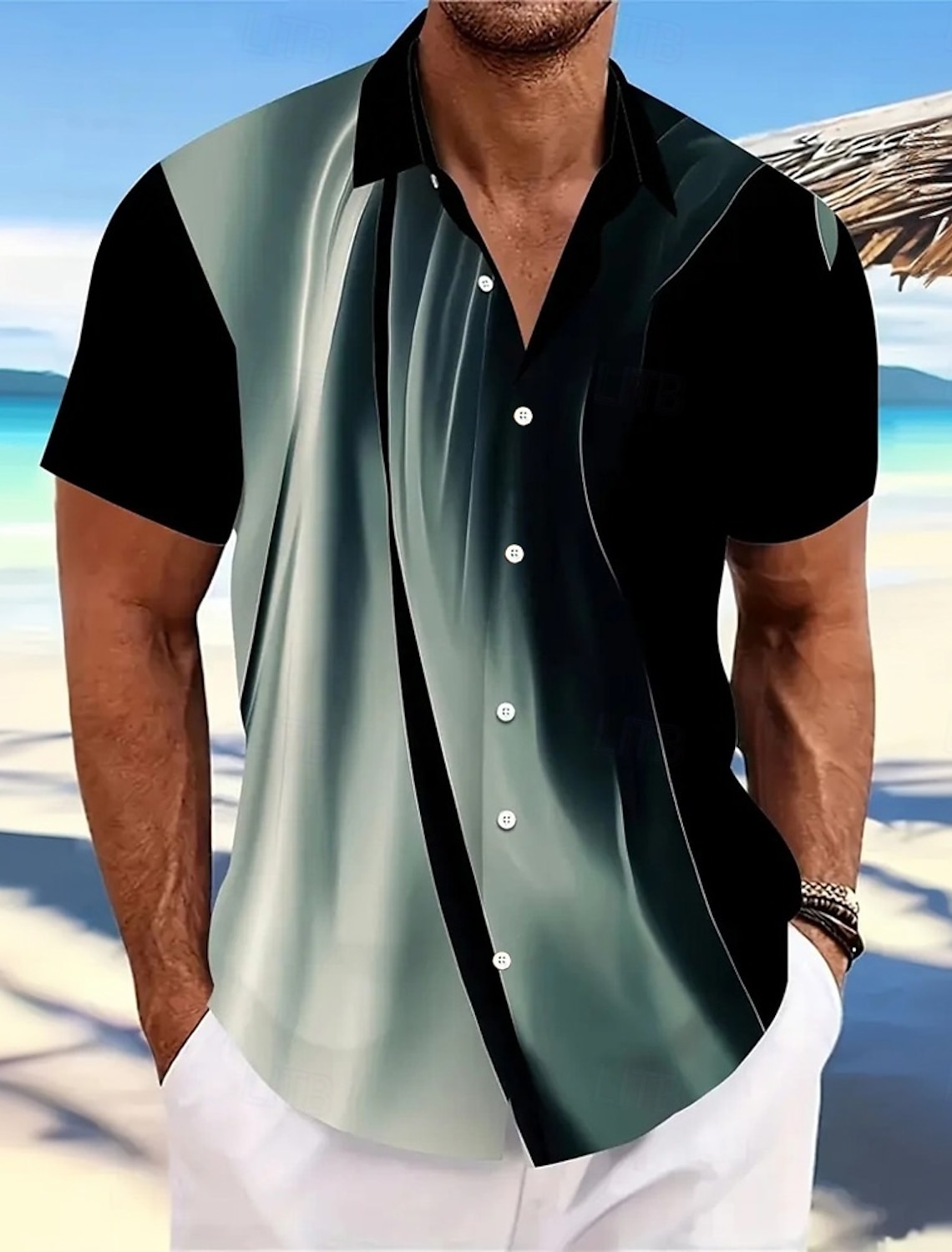 Men's Geometric Gradient Color Line Shirt Summer Button Up Short