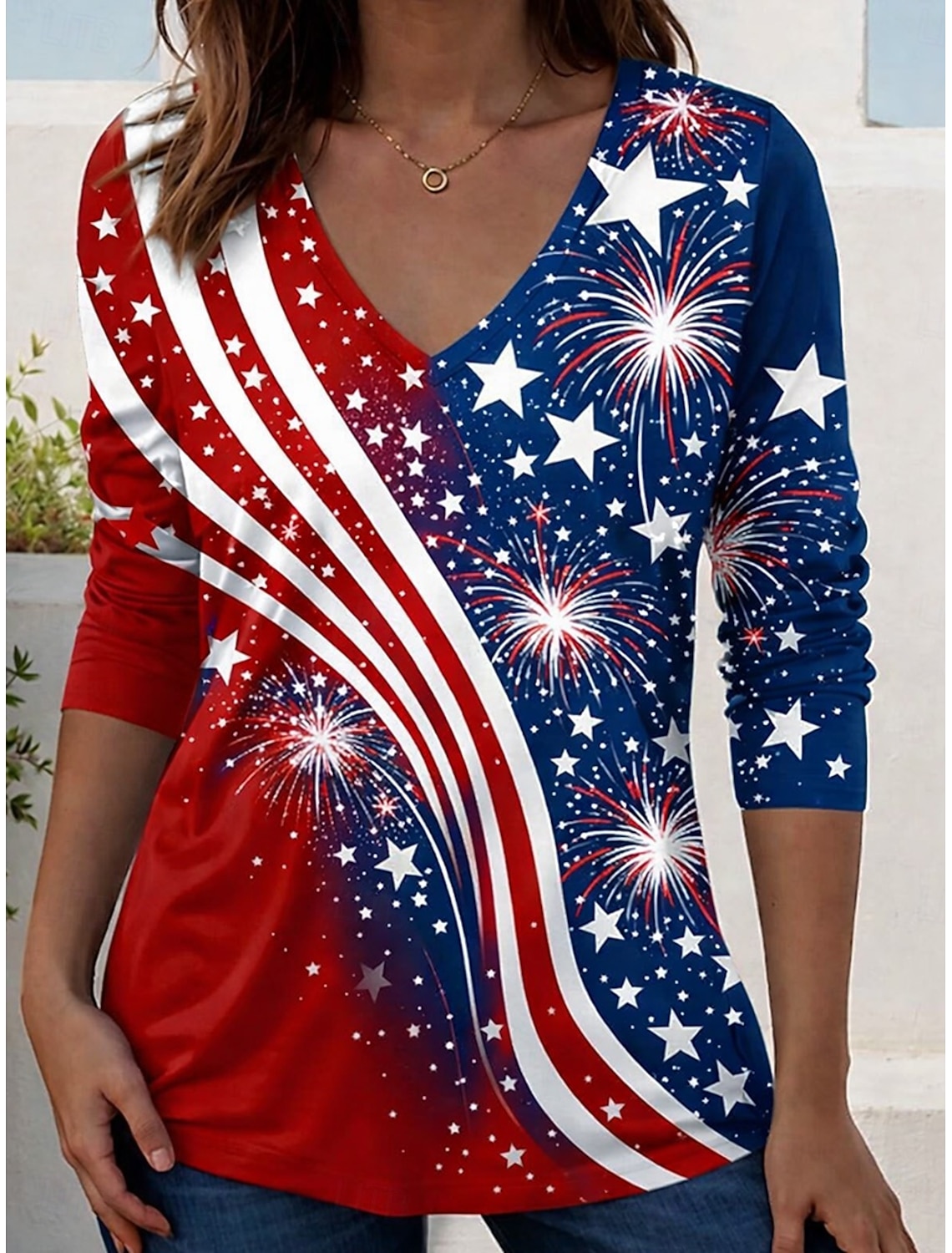 American Independence Day Women's Blouse Patchwork Buttons Print Graphic American Flag Vintage Stylish Half Sleeve V Neck Regular Tops Casual Daily Holiday Blue Red Summer Spring